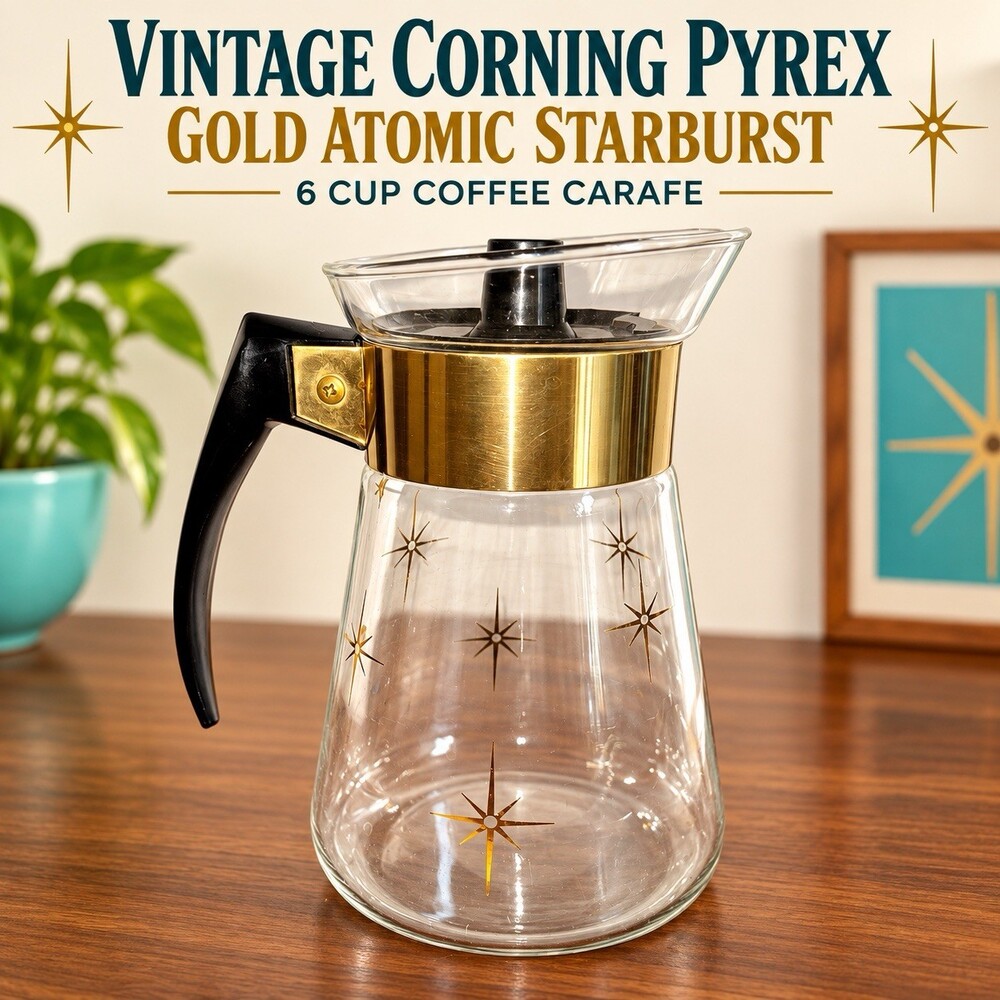 Vintage Corning Pyrex 6 Cup Coffee Carafe Gold Atomic Starburst MCM Lid